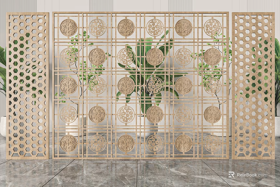 Decorative Gold Room Divider With Intricate Circular Patterns And Lattice Design 3d model