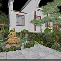 Traditional Chinese Ancient Architecture Courtyard With Stone Pathway Pine Trees And Lanterns