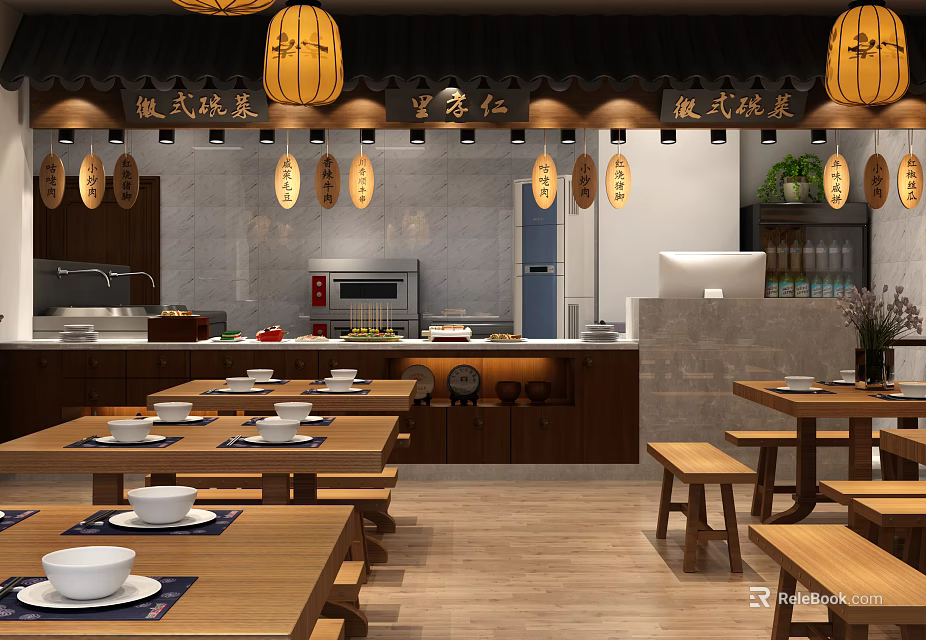 Chinese Style Restaurant Interior With Hanging Lanterns Wooden Tables And Stools 3d model 