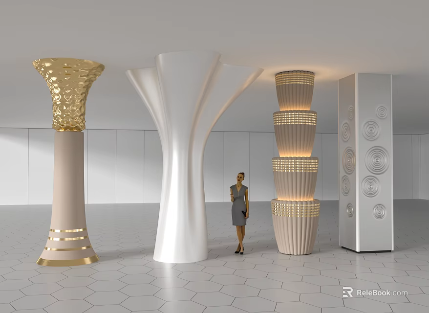Decorative Columns Different Designs Golden Top Layered Circular Patterns In Modern Interior Space Hexagonal Floor 3d model 
