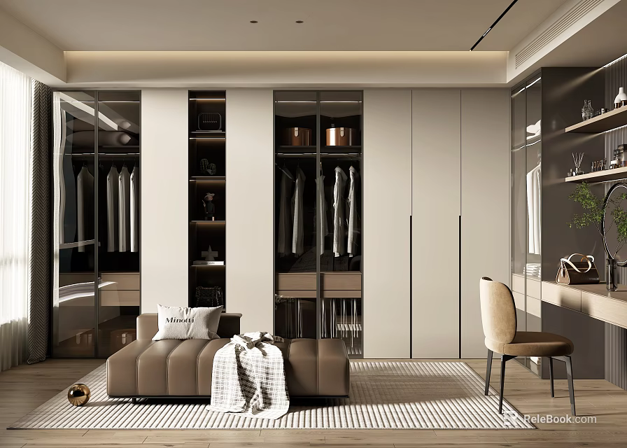 Modern Walk in Closet Interior With Glass Doors And Seating Area 3d model 