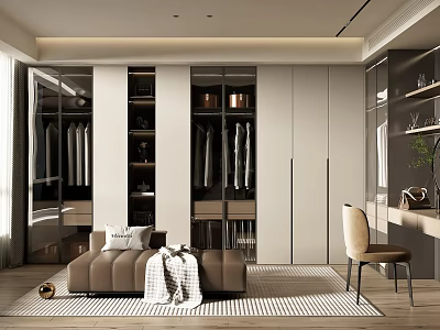 Modern Walk in Closet Interior With Glass Doors And Seating Area 3d model