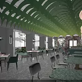Elegant Restaurant Interior With Green Leaf Shaped Ceiling Pendant Lights Tables Chairs And Plants