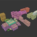 Wooden Crates and Pallets of Various Sizes Stacked in Storage Arrangement