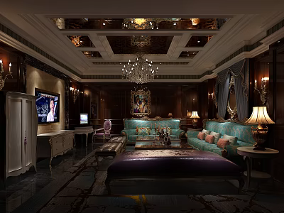 Luxury KTV Interior Design With Crystal Chandelier Comfortable Sofas And TV Screen 3d model