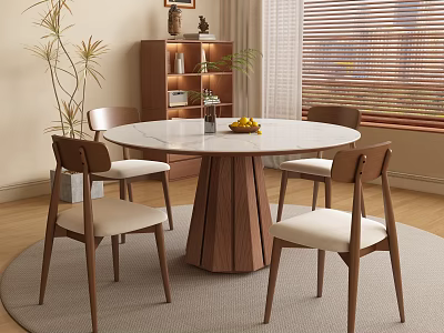 Modern Restaurant Interior With Round Marble Dining Table Wooden Chairs And Potted Plants 3d model