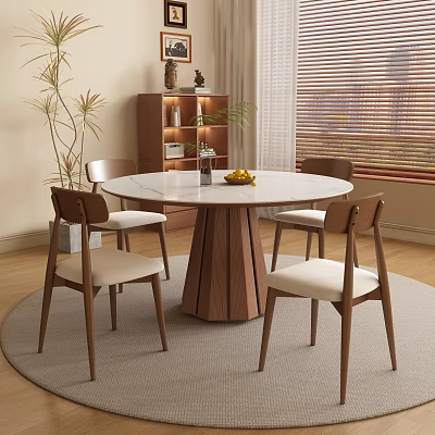 Modern Restaurant Interior With Round Marble Dining Table Wooden Chairs And Potted Plants 3d model
