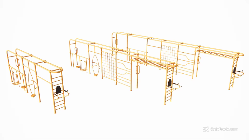 Modern Garden Landscape Design With Golden Climbing Frames And Outdoor Play Structures 3d model