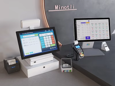 Minotli Cash Register System With Dual Displays And Payment Terminal On Countertop 3d model