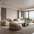 Modern Living Room Interior With White Sofa Beige Armchairs Coffee Table And Area Rug