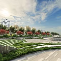 Urban Plaza With Palm Trees Stone Pavement Green Landscaping And Pedestrians