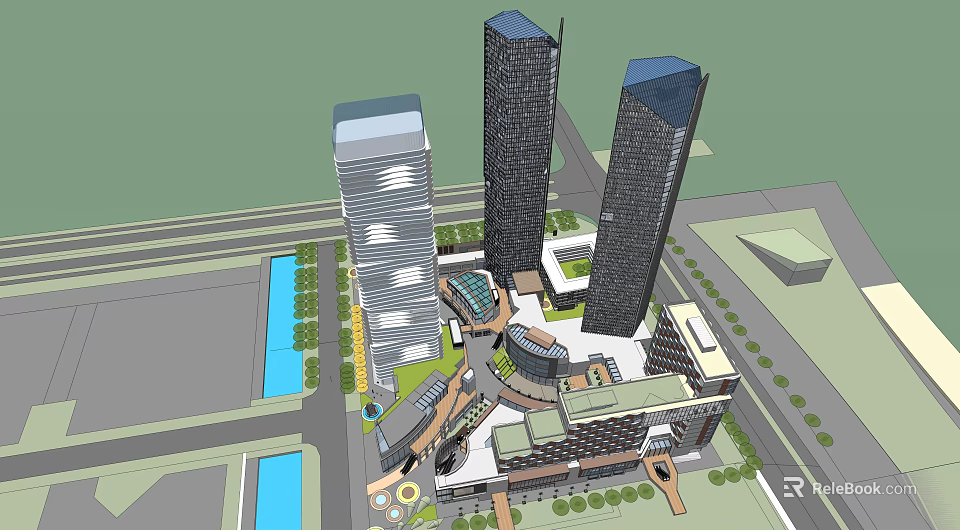Modern Office Building Complex With Tall Towers Greenery And Water Features 3d model
