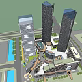 Modern Office Building Complex With Tall Towers Greenery And Water Features 3d model