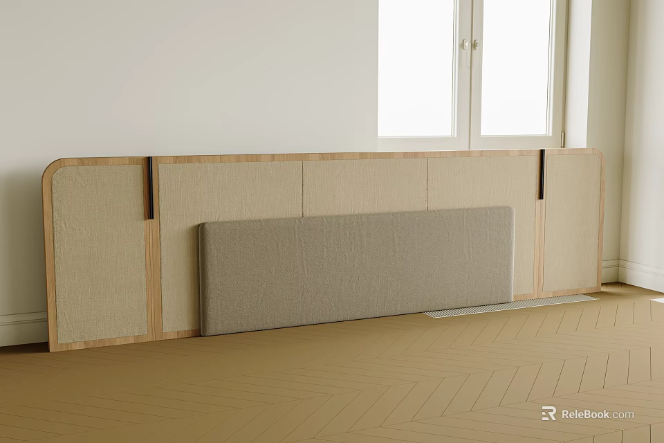Minimalist Bedroom Accent Wall Design With Light Upholstered Panel And Wooden Frame 3d model 