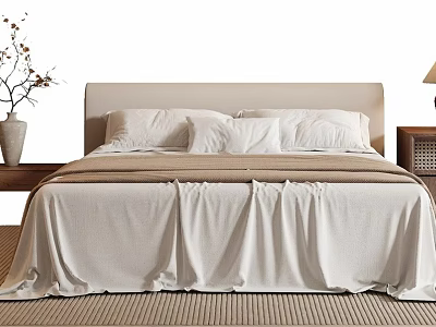 Minimalist Double Bed With Beige Headboard White Pillows Blanket Nightstand And Woven Rug 3d model
