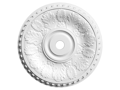 White Circular Ceiling Rose With Ornate Floral Carvings And Central Hole 3d model