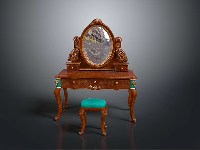 Classic Wooden Vanity Table with Oval Mirror and Carved Details Matching Stool with Teal Cushion 3d model