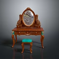 Classic Wooden Vanity Table with Oval Mirror and Carved Details Matching Stool with Teal Cushion