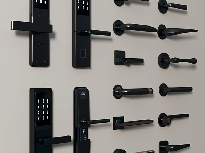 Contemporary Smart Lock And Classic Door Handles In Black Metal Finish 3d model