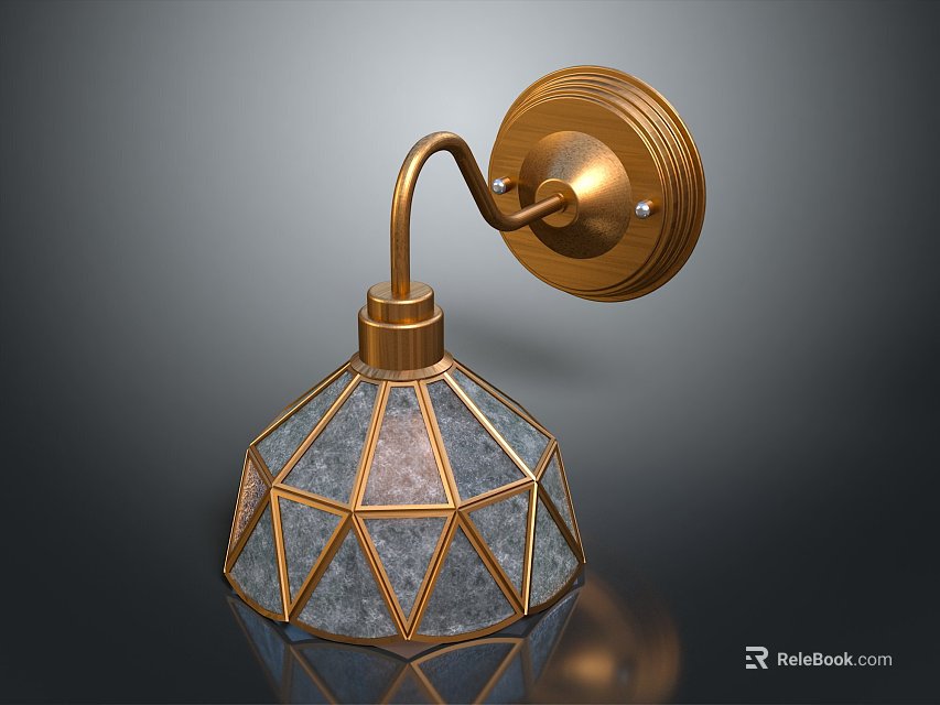 Vintage Brass Wall Sconce Lighting Fixture With Diamond Shaped Glass Lampshade 3d model 
