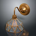 Vintage Brass Wall Sconce Lighting Fixture With Diamond Shaped Glass Lampshade