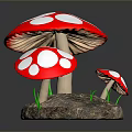 Red Mushrooms With White Spots Growing On Soil And Green Grass