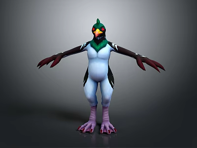 3D Fantasy Character Creature With Green Head Yellow Eyes Blue White Body And Purple Claws 3d model