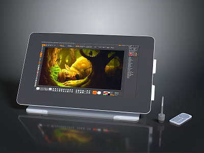 Professional Digital Drawing Tablet With Touch Screen Displaying Artwork And Stylus Pen 3d model