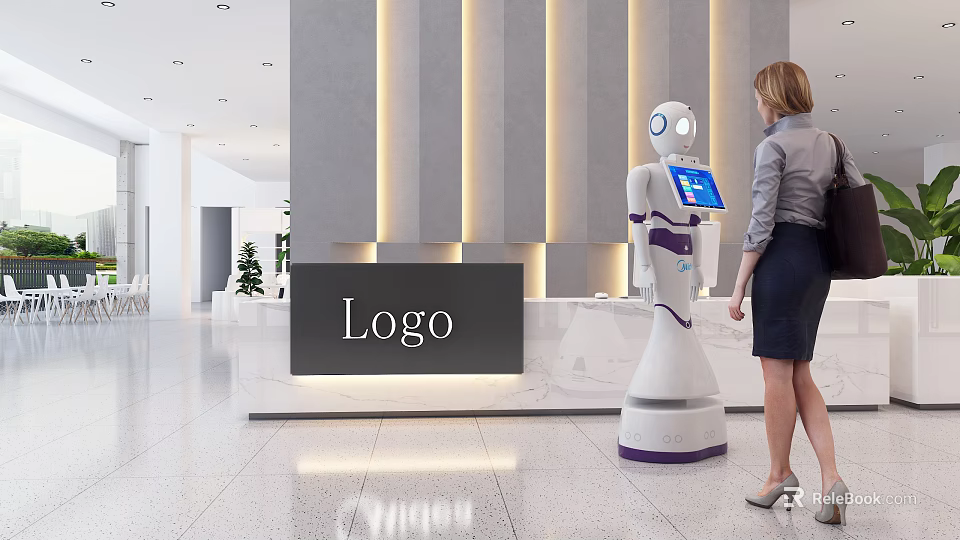 Modern Front Desk Reception With Robot Assisting Female Staff Logo And Ambient Lighting 3d model 