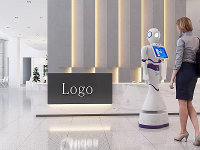 Modern Front Desk Reception With Robot Assisting Female Staff Logo And Ambient Lighting 3d model