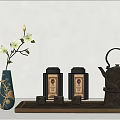 Traditional Tea Set with Cast Iron Teapot Tea Canisters and Teacups on Wooden Tray