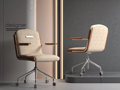 Modern Beige Office Chair With Brown Wooden Armrests And Metal Wheels 3d model