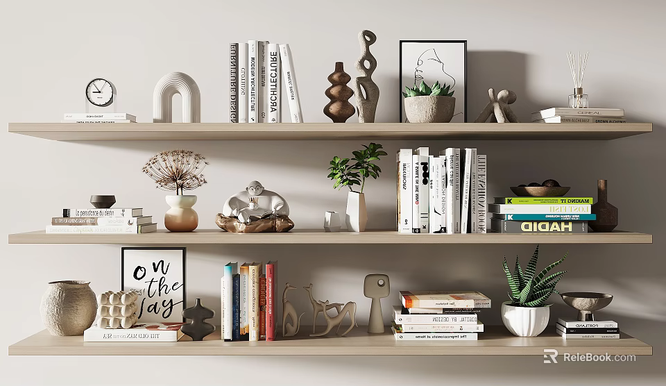 Decorative Ornaments Set With Books Small Sculptures Plants Photo Frames And Clock On Shelves 3d model 