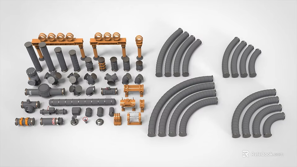 Assorted Industrial Machine Parts Collection Featuring Pipes Elbows Brackets And Connectors 3d model 