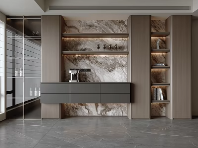 Modern Elegant Sideboard Design With Marble Backdrop Open Shelves And LED Lighting 3d model