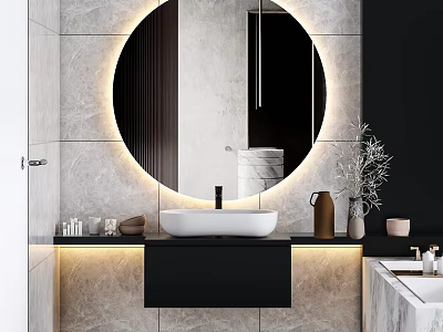 Modern Bathroom Washstand With Round Backlit Mirror Black Cabinet Marble Wall And Decorative Vase 3d model