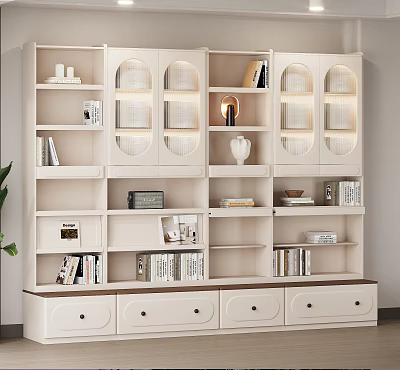 White Modern Bookcase With Glass Doors Drawers And Interior Decorative Items 3d model