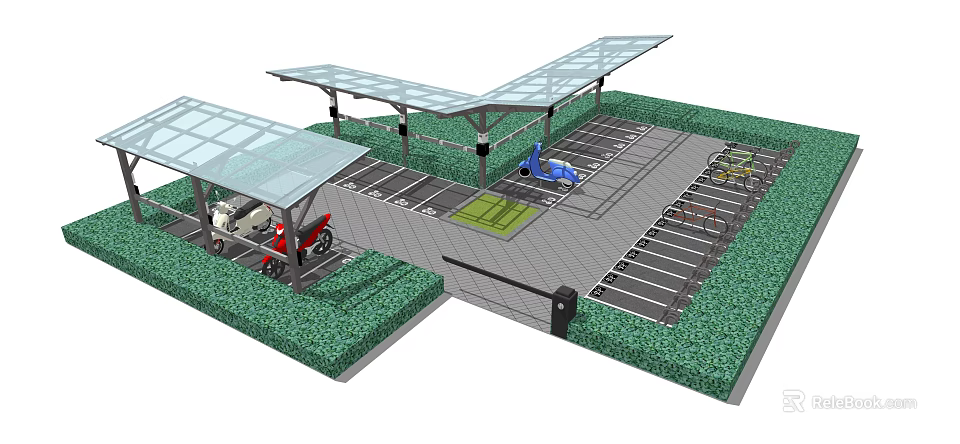 Parking Shelter Design With Transparent Roof Multiple Spaces Surrounded By Green Hedges 3d model 