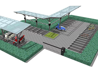 Parking Shelter Design With Transparent Roof Multiple Spaces Surrounded By Green Hedges 3d model