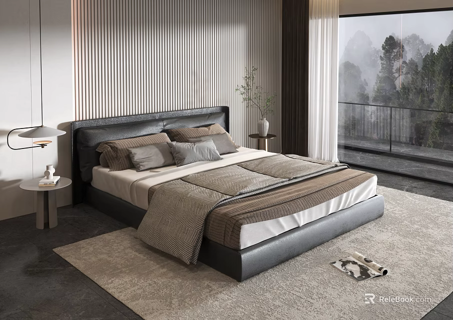 Modern Black Headboard Double Bed with Linen Pillows Bedside Tables and Mountain View 3d model 