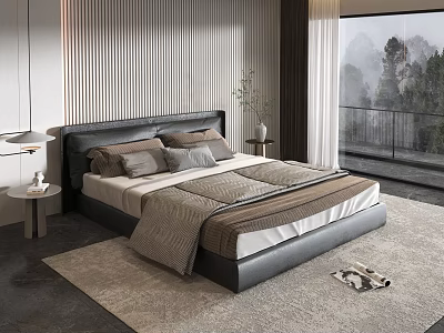 Modern Black Headboard Double Bed with Linen Pillows Bedside Tables and Mountain View 3d model