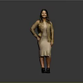 A Woman Wearing Beige Dress Brown Jacket And Black Shoes Against Gray Background