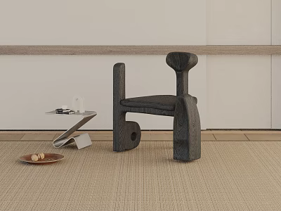 Modern Leisure Chair With Wooden Frame Side Table And Beige Rug In Minimal Interior 3d model