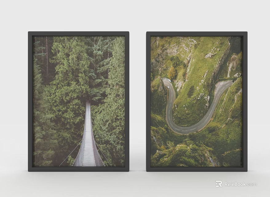 Two Framed Wall Art Pieces Featuring Forest Suspension Bridge And Winding Mountain Road 3d model 