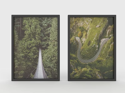 Two Framed Wall Art Pieces Featuring Forest Suspension Bridge And Winding Mountain Road 3d model