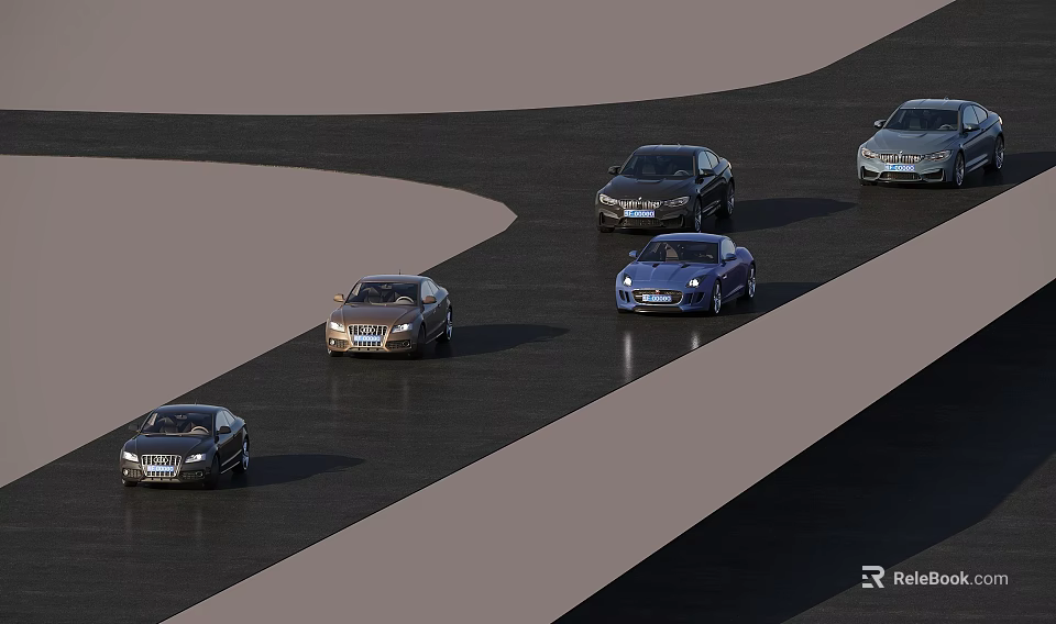 Multiple Cars Driving On Curved Track With Different Colors And Models 3d model 