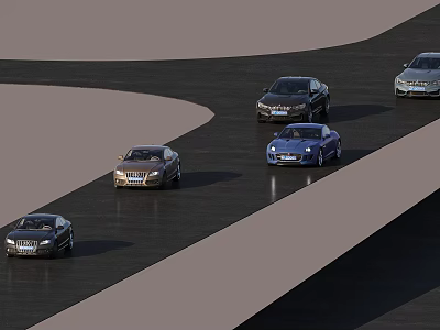 Multiple Cars Driving On Curved Track With Different Colors And Models 3d model