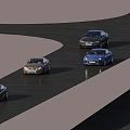 Multiple Cars Driving On Curved Track With Different Colors And Models