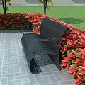 Stylish Garden Ornament With Black Metal Bench Red Flowers Gray Tiled Floor And Green Lawn