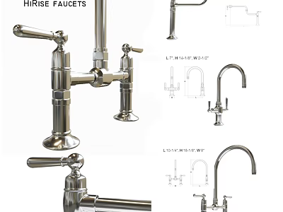 Hi Rise Faucets With Different Design Styles And Technical Drawings 3d model